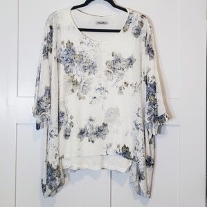 Elena Baldi Italy Made Viscose White Floral Top Watercolor Boxy Oversized Medium